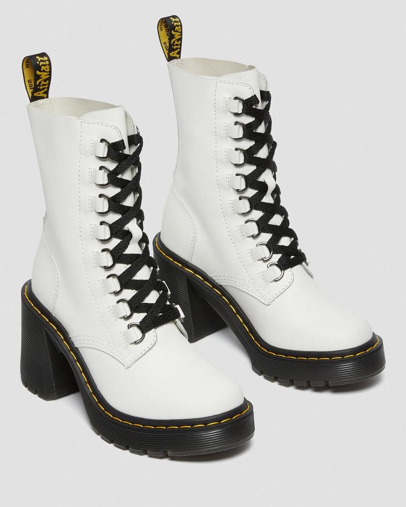 White Women's Dr Martens Chesney Leather Flared Heel Heeled Boots | CA 137YXF